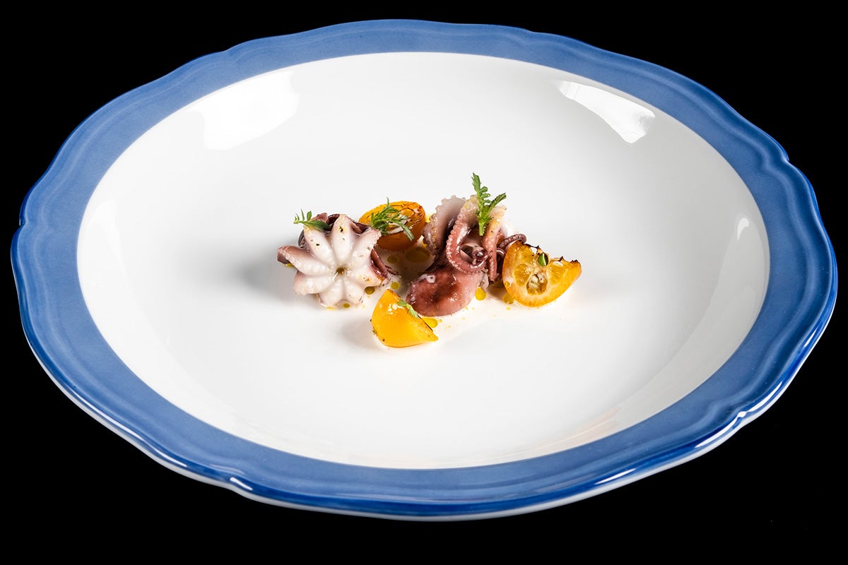 Moscardini fumés, lait de coco, gingembre, kumquat – plat du Lido 84.