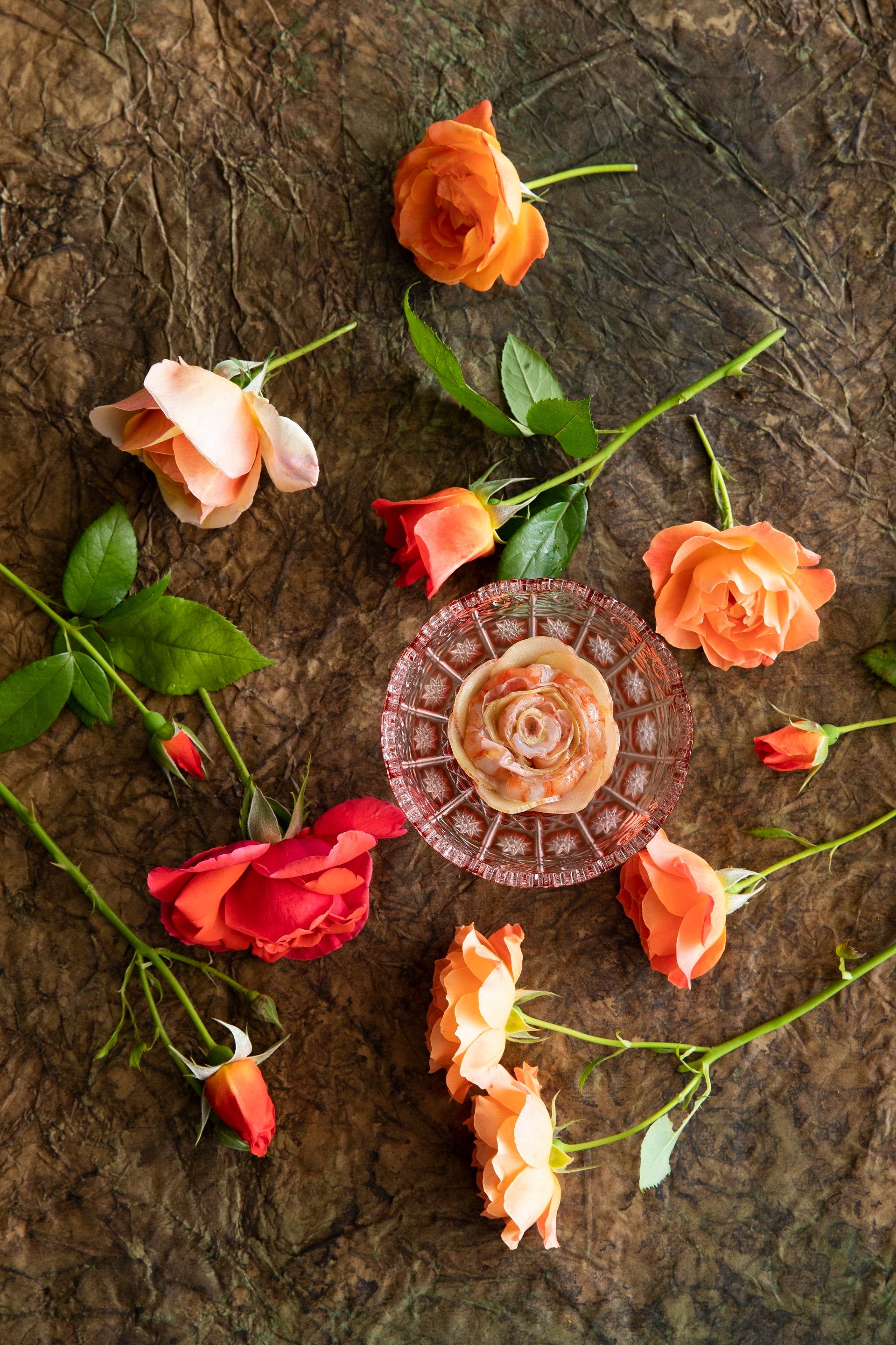 Rosace de gamberoni de San Remo, Mirazur Flowers Universe