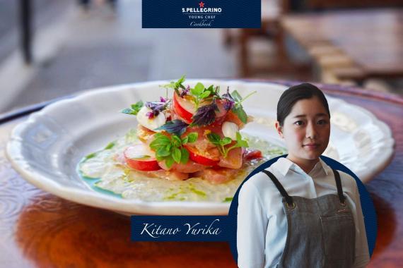 Thon cru aux pêches, gelée de tomate et huile de persil et céleri - Kitano Yurika