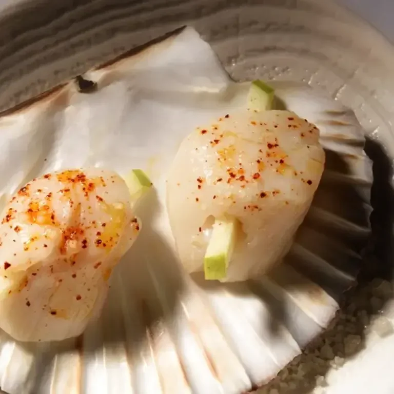 Saint-Jacques, pomme curry, velours de boudin noir de Julien Allano