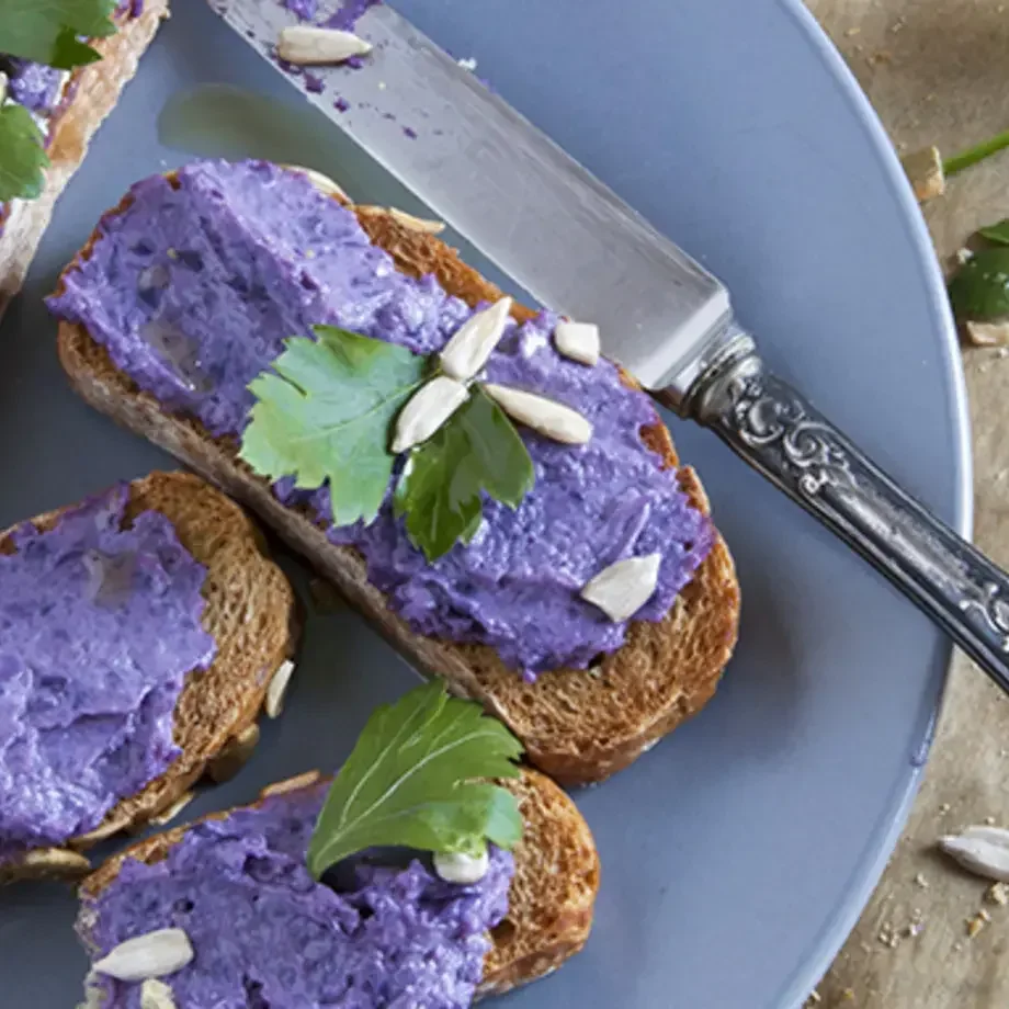 Bruschetta à la crème de Chou rouge et Graines de Tournesol