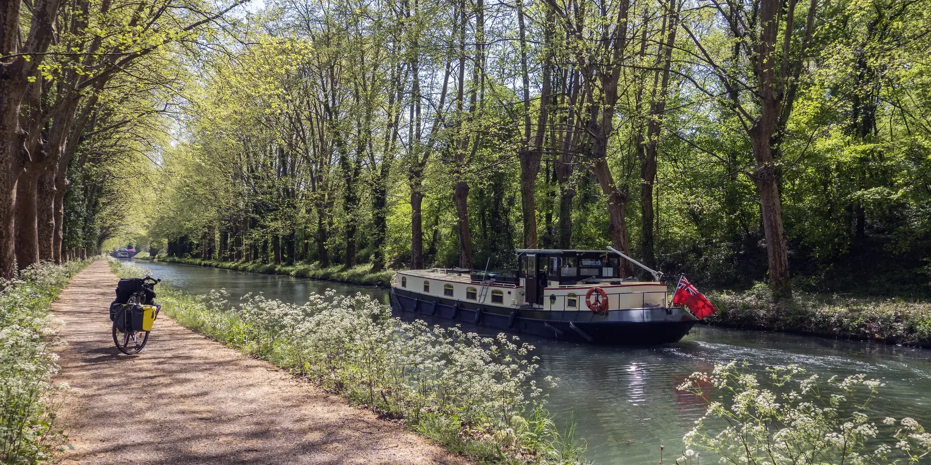 Bateau sur un canal bordé d’arbres, longeant une piste cyclable sous le soleil, offrant une scène paisible et verdoyante.